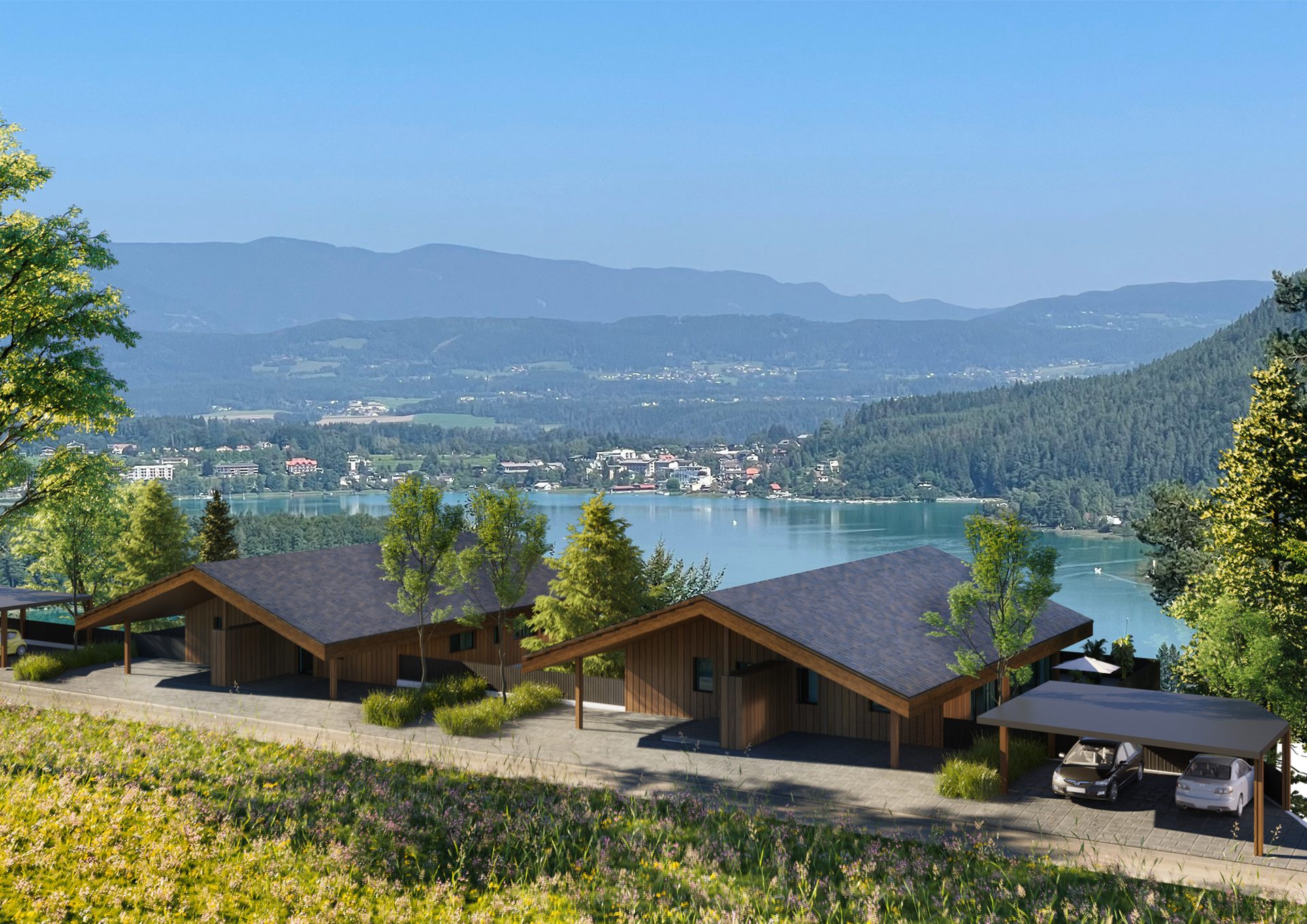 Blick über die Anlage auf den Faaker See (Visualisierung)